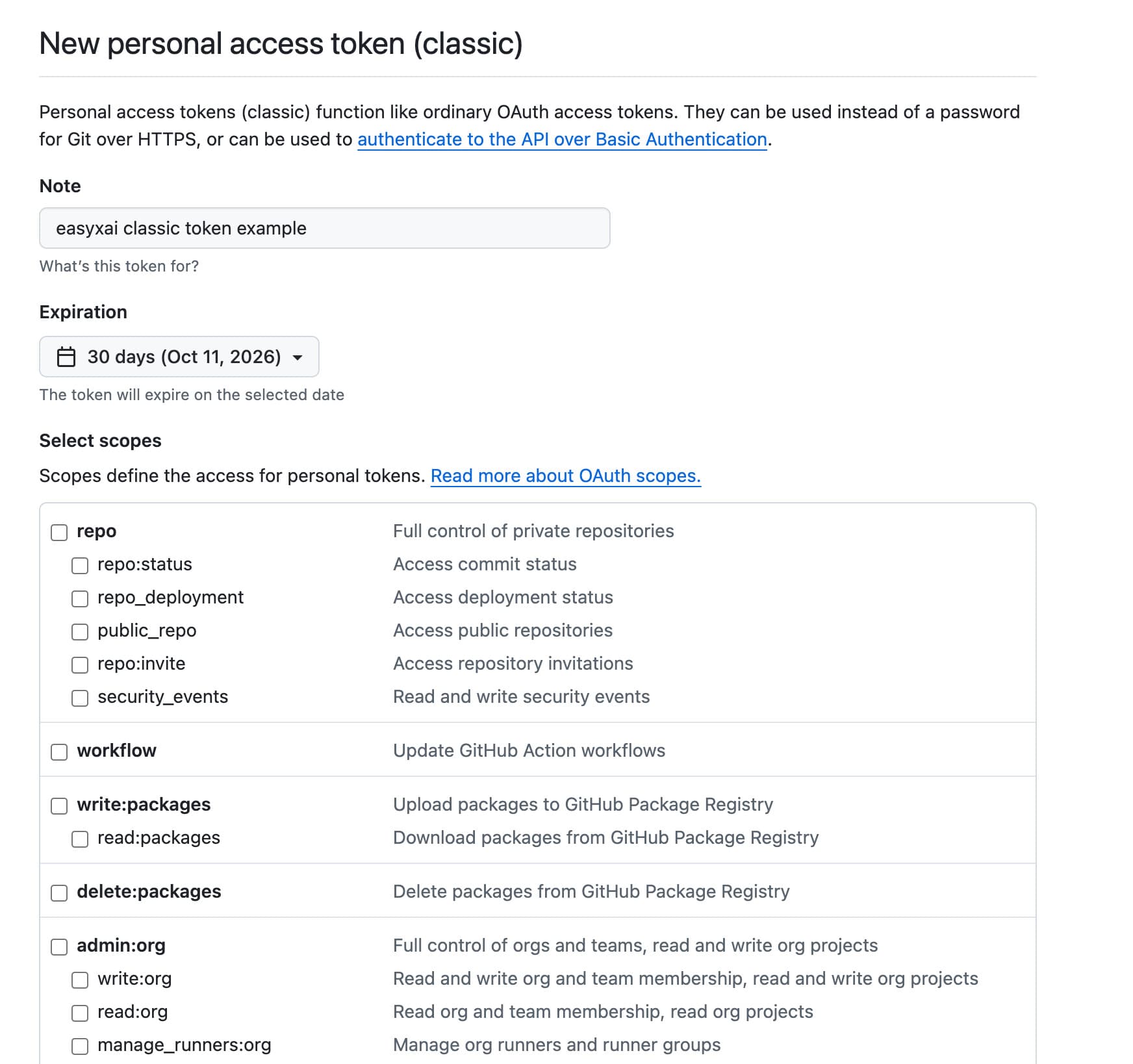 GitHub classic PAT 创建表单，填写示例备注与有效期，权限尚未勾选