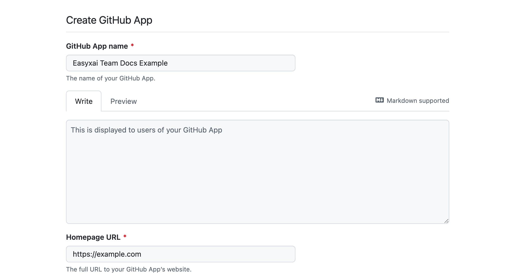 GitHub App 创建页中的名称、描述和首页地址