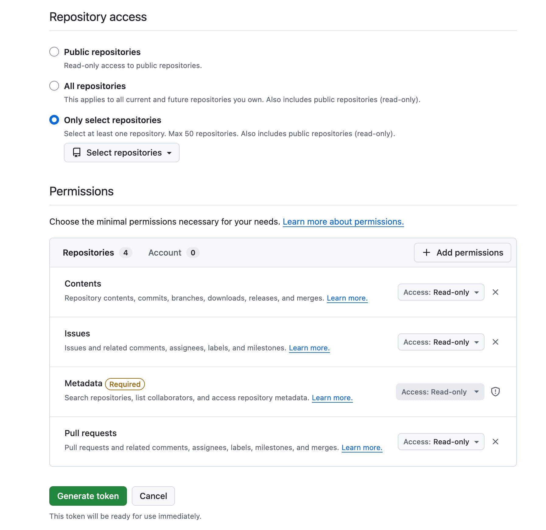 GitHub 细粒度 PAT 选择指定仓库范围，并添加 Contents、Issues、Metadata、Pull requests 只读权限