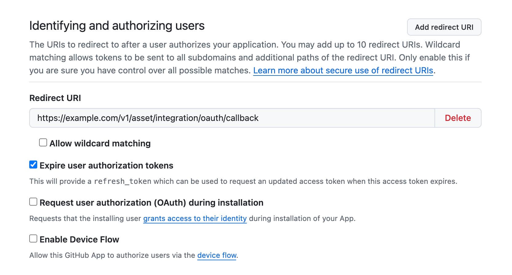 GitHub App 回调地址示例，Expire user authorization tokens 保持勾选